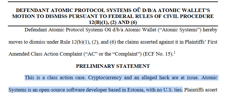 Atomic Wallet asks to toss suit over $100M hack, saying it has ‘no US ties’