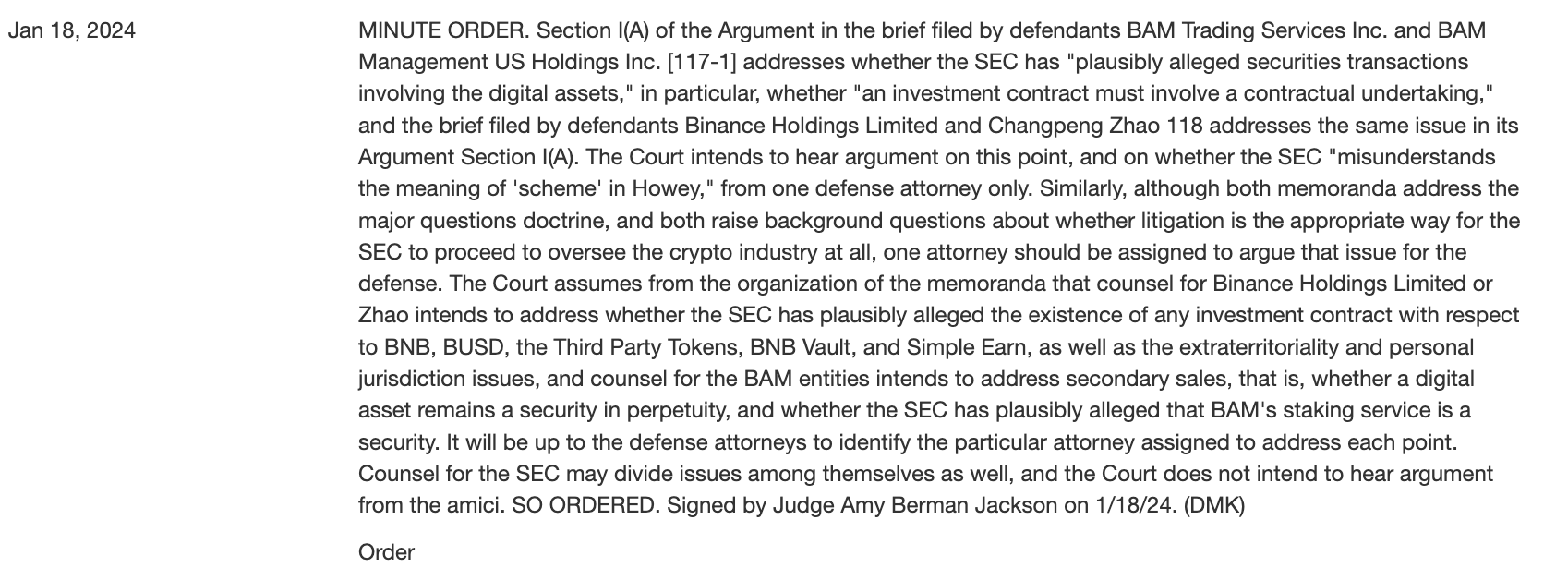 Judge in SEC v. Binance case will hear arguments on whether crypto is a security