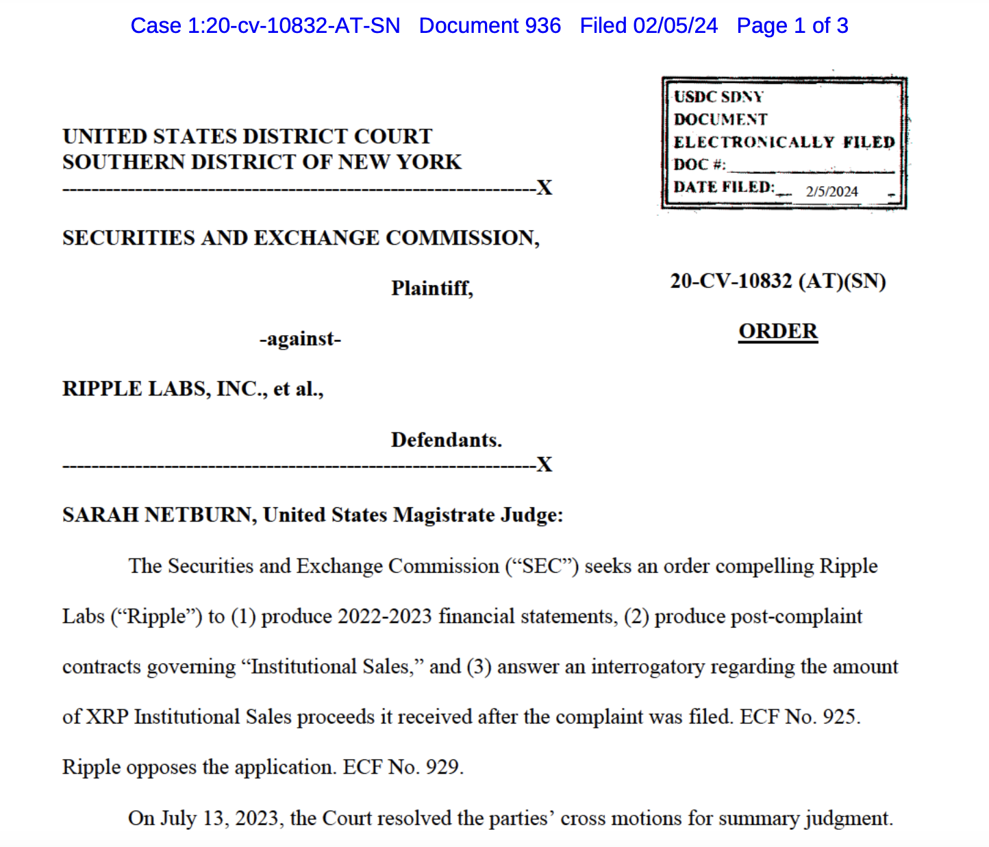 Court orders Ripple to disclose financial statements to SEC