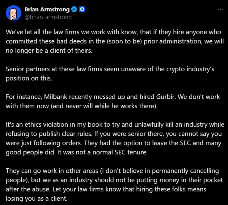 Coinbase will drop law firms who hire anti-crypto former SEC staff — CEO