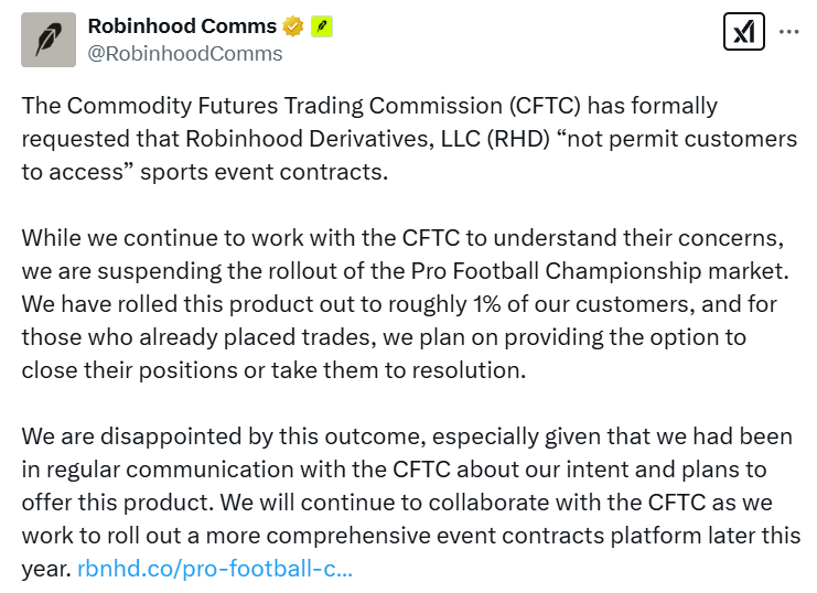 Robinhood halts Super Bowl bets a day after launch on CFTC request