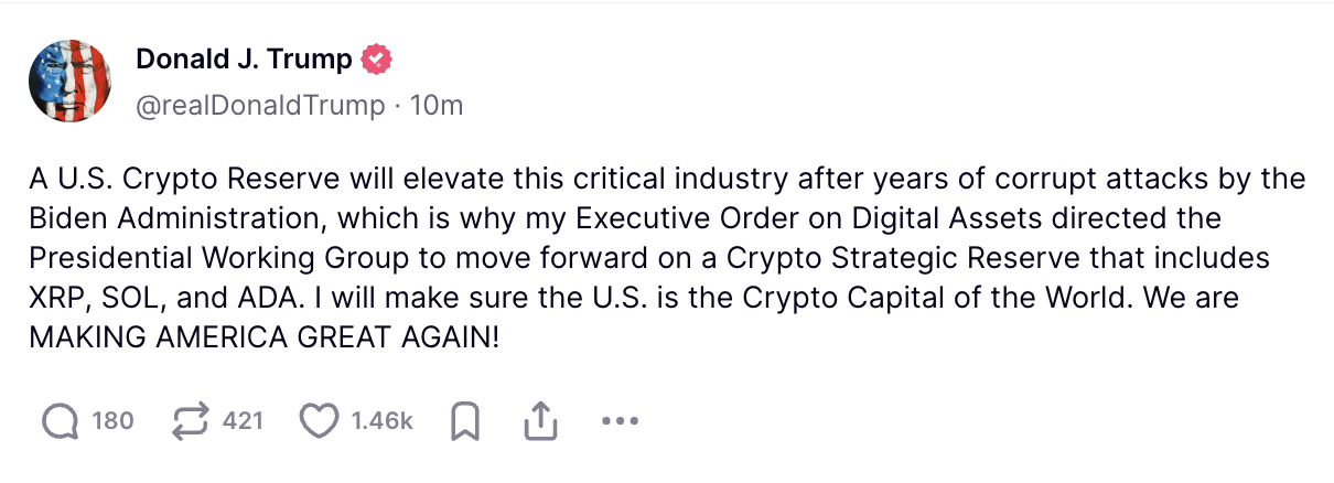 President Trump says crypto reserve will include SOL, XRP, and ADA