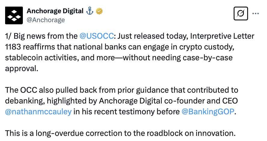 OCC lays out crypto banking after Trump vows to end Operation Chokepoint 2.0